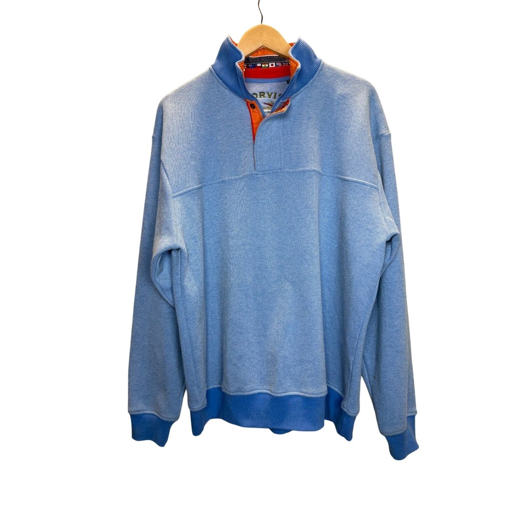 Orvis Quarter Zip Pullover Mens Large Blue Orange Trim Flag Detail Sweater